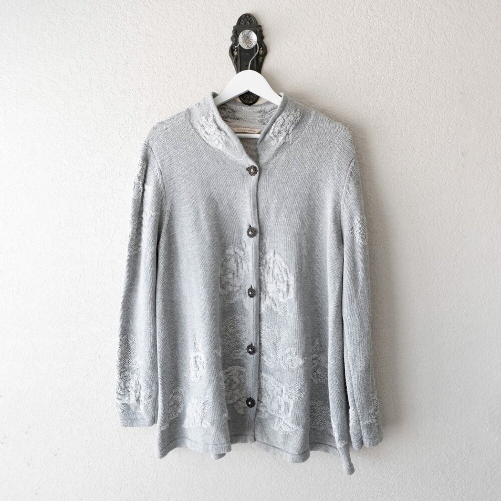 Soft Surroundings Knit Cardigan Coatigan L Gray Floral 100% Cotton Button Front